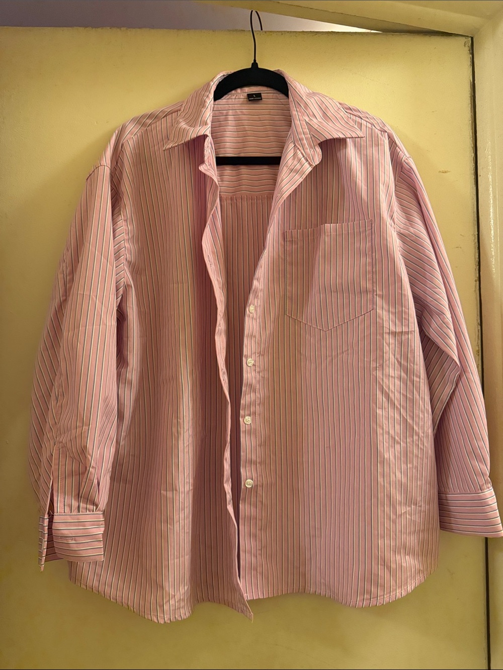 Women’s Oversized Pink and Blue Striped Dress Shirt - Classic Button-Up - Picture 1 of 1